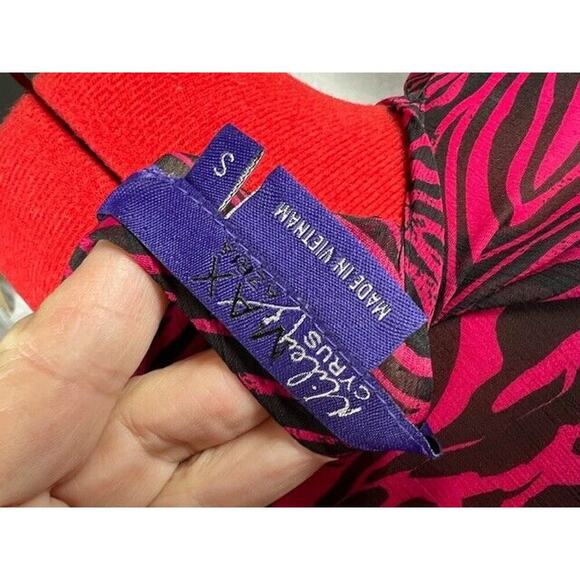 Miley Cyrus Max Fuschia Black Zebra Rouched Ruffle Blouse Size S Sheer Top - Picture 5 of 6